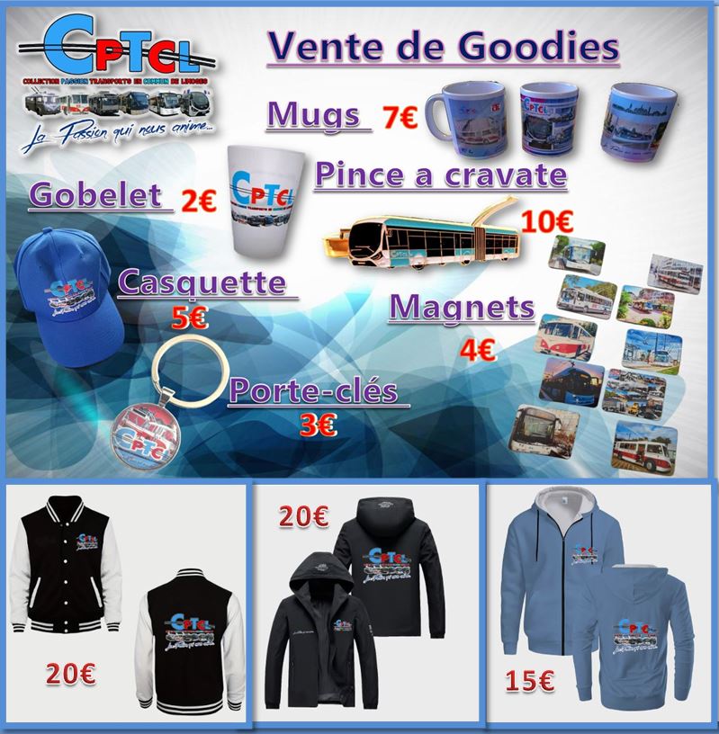 Présentation des Goodies CPTCL : Mugs, Gobelets, Casquettes, Porte-clés, Pinces à cravate, Magnets